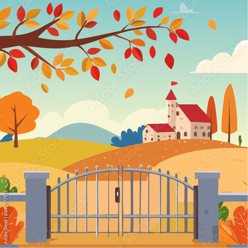 Autumn country scene with autumn decor, leaf, branch, gate