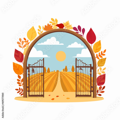 Autumn country scene with autumn decor, leaf, branch, gate