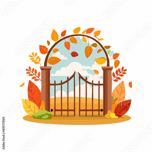Autumn country scene with autumn decor, leaf, branch, gate