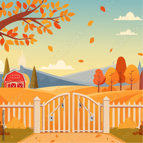 Autumn country scene with autumn decor, leaf, branch, gate