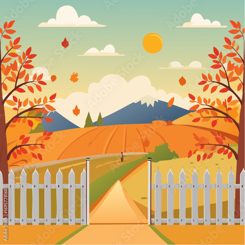 Autumn country scene with autumn decor, leaf, branch, gate