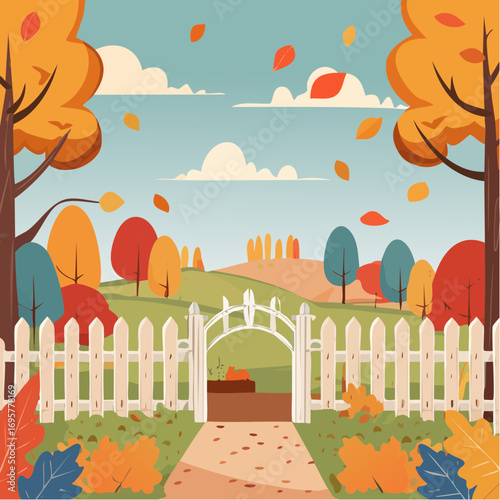 Autumn country scene with autumn decor, leaf, branch, gate