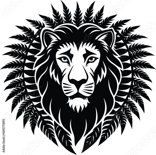 a lion head logo with a mane of lush  green ferns .eps