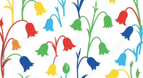 Vibrant floral pattern with colorful bell flowers and green stems on white background