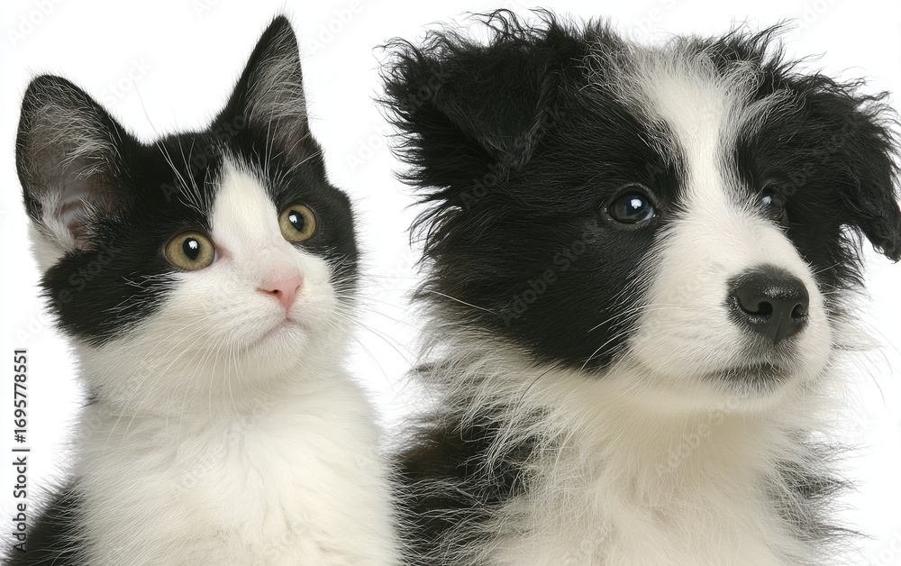Obraz premium Black and white cat and dog close-up