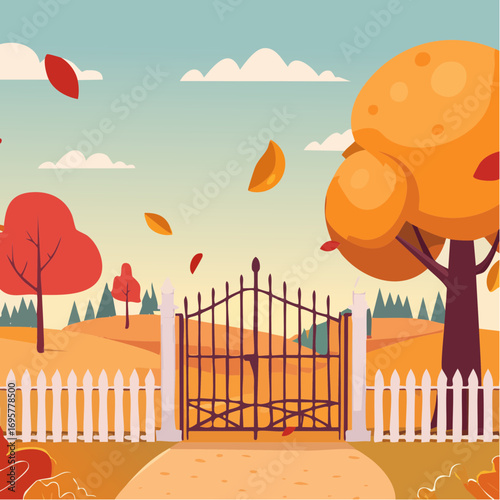 Autumn country scene with autumn decor, leaf, branch, gate