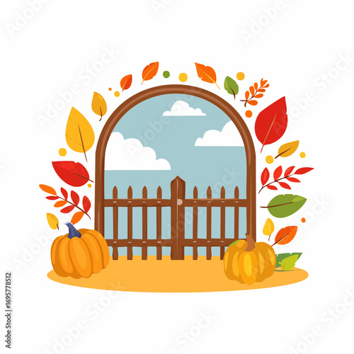 Autumn country scene with autumn decor, leaf, branch, gate