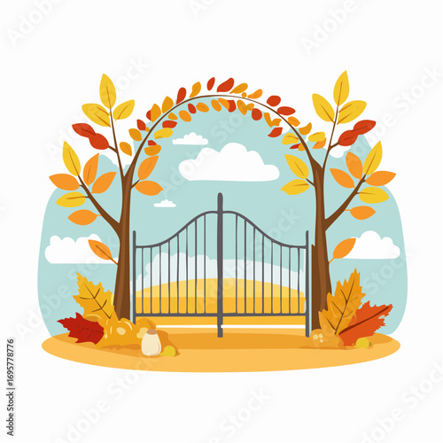 Autumn country scene with autumn decor, leaf, branch, gate