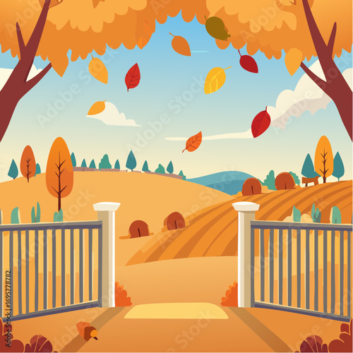 Autumn country scene with autumn decor, leaf, branch, gate