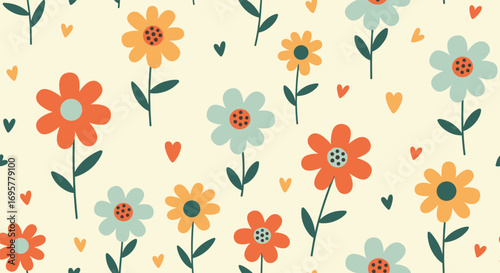 Vibrant retro floral pattern with charming hearts, perfect for cheerful, vintage designs