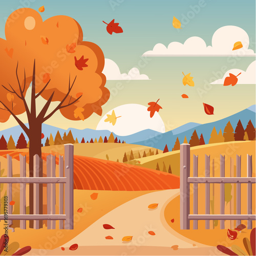 Autumn country scene with autumn decor, leaf, branch, gate
