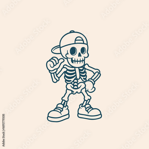Cartoon skeleton character in street style with a backwards baseball cap and sneakers, giving a shaka hand sign. A cool mascot vector illustration