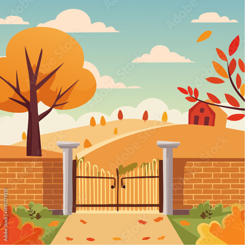 Autumn country scene with autumn decor, leaf, branch, gate