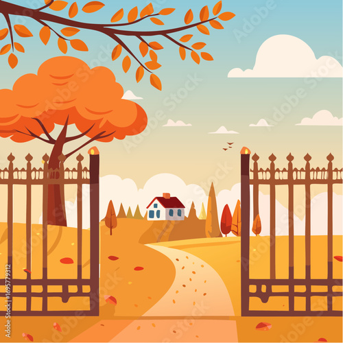 Autumn country scene with autumn decor, leaf, branch, gate