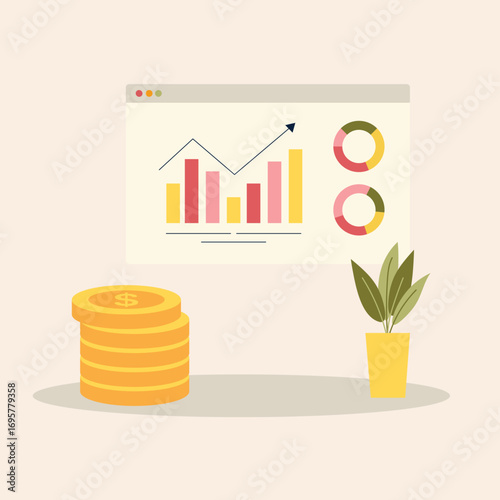 Financial data visualization and investment return analysis concept, showcasing growth with charts and a stack of coins