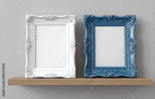 Two ornate picture frames, one white, one blue, on a wooden shelf