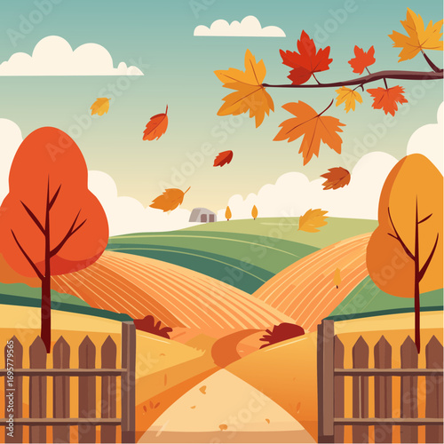Autumn country scene with autumn decor, leaf, branch, gate