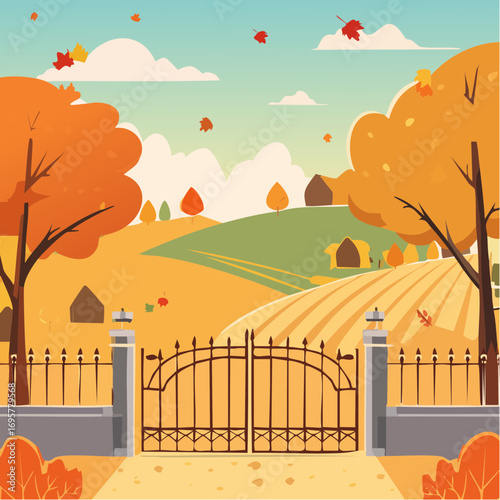 Autumn country scene with autumn decor, leaf, branch, gate