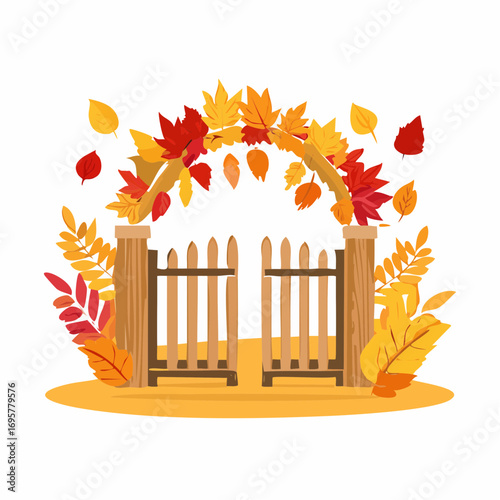 Autumn country scene with autumn decor, leaf, branch, gate