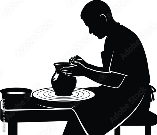Silhouette of a potter shaping clay a spinning wheel, creating a vase, a craftsman at work in his studio