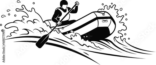Silhouette of a person rafting a river extreme sport adventure in black and vector illustration