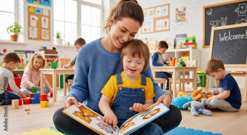 Woman and child with down syndrome read a book together on a couch, concept of inclusive education and parenting