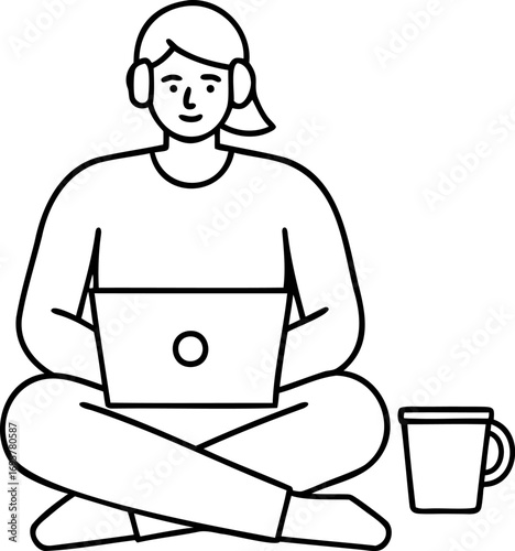 Minimalist Line Art of a Person Sitting Cross-Legged Isolated Vector Illustration, Hand Drawn Yoga or Meditation Pose Outline, Minimal Line Drawing of Relaxed Sitting Figure, Mindfulness and Wellness 