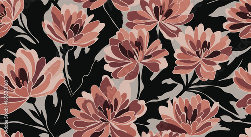 Stunning floral pattern with warm terracotta and blush tones on a sophisticated black background