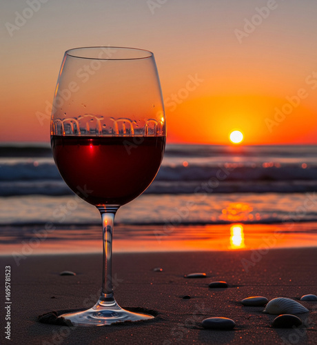 glass of red wine at sunset