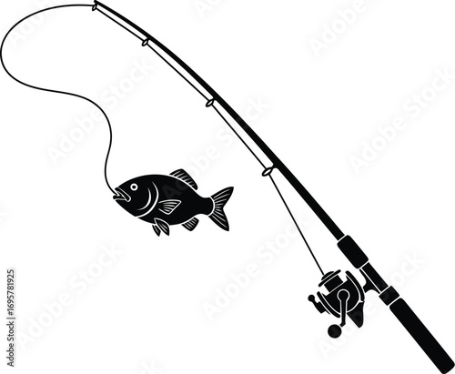 Fishing rod silhouette with a fish hook, depicting angling and recreational fishing activity