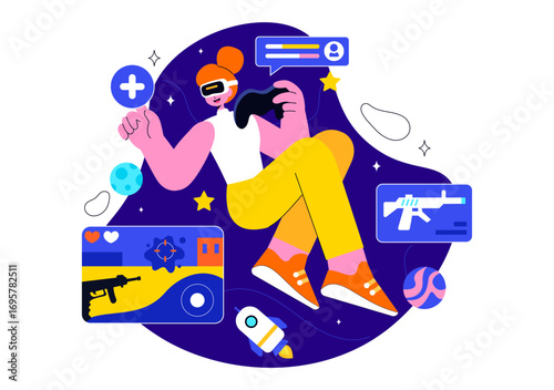 Virtual Reality Gaming Illustration featuring People Using VR Glasses and Controllers to Explore Metaverse Technology and Interactive Experiences