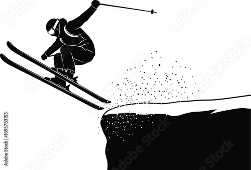 A skier is jumping off a cliff and doing a trick skier is wearing a helmet and goggles, and is holding ski poles