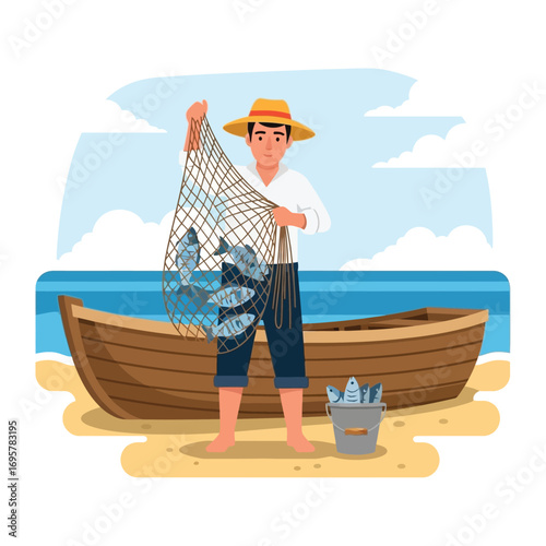 Fisherman proudly displays his abundant catch of fish from his net, beside his small wooden boat on a sandy beach.