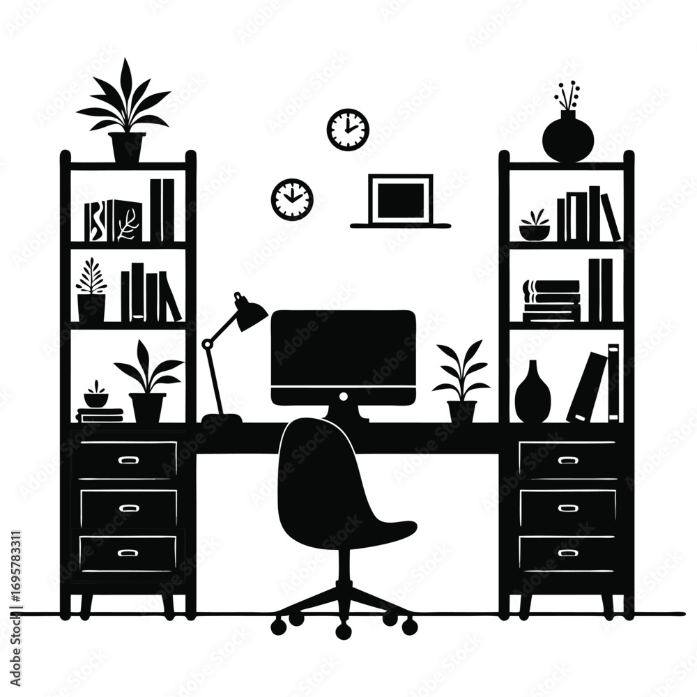Home office desk with filing cabinets and plants silhouette Home office desk with filing cabinets and plants silhouette