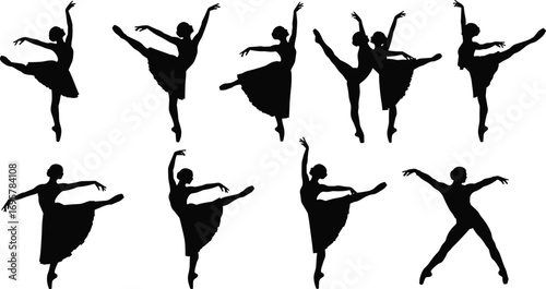 Ballet dancer silhouettes in elegant poses and arabesques, classical dance movements, graceful ballerinas, professional ballet vector art collection.