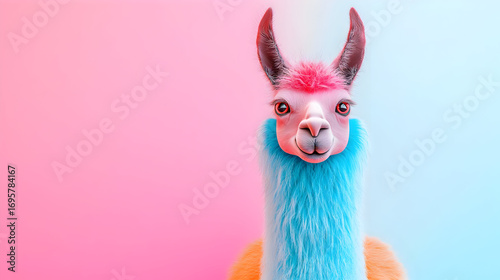 Colorful Llama Portrait Against Pink And Blue Backgrounds