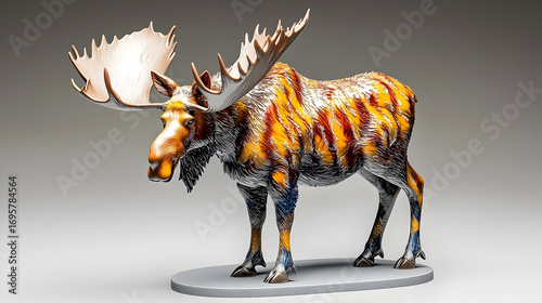 Ornate Painted Moose Sculpture With Antlers