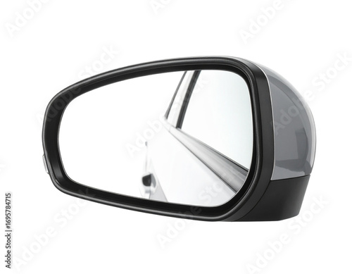 A car side mirror, isolated on a white background, automotive body component.