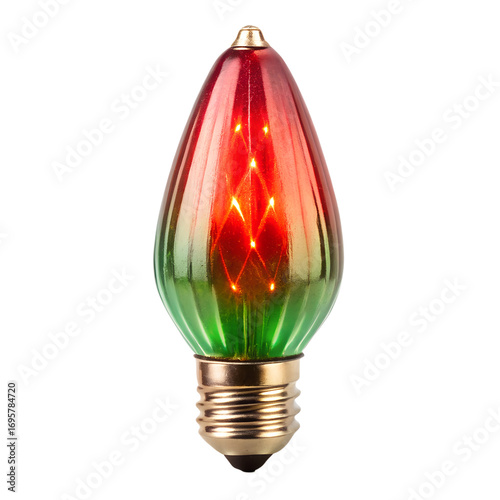 A single, vintagestyle c7 christmas light bulb with a red and green gradient, illuminated from within, isolated on a transparent background