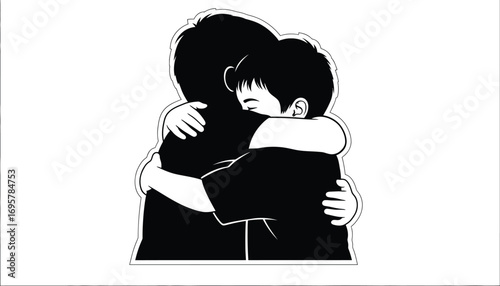 A heartwarming embrace, a vector illustration of a parent and child hugging, a black and drawing of love