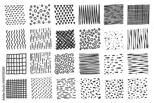 Patterns with crosshatch texture. Pencil hand-drawn sketches with doodle lines dots and scribbles. Ink black vector collection
