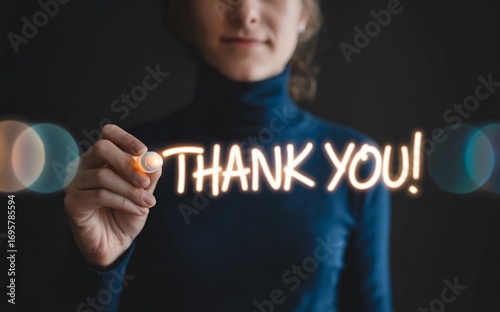 Express heartfelt gratitude with a glowing 'Thank You' written by a hand, creating a warm and appreciative atmosphere for any project.