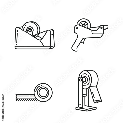 Set of minimalist outline illustrations featuring different types of tape dispensers, including desktop models and handheld applicators for various uses