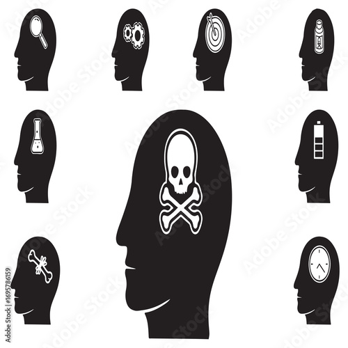 Conceptual human head silhouettes representing different mental states and thoughts including analysis focus creativity danger addiction chemistry stress energy and time management