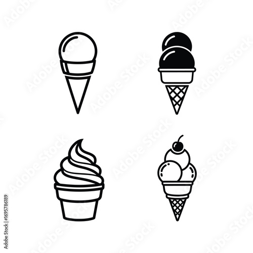 Ice Cream Cones Line Art Set Sweet Treats Illustrations