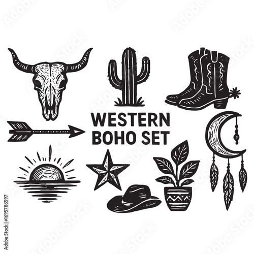 Linocut western boho set vector