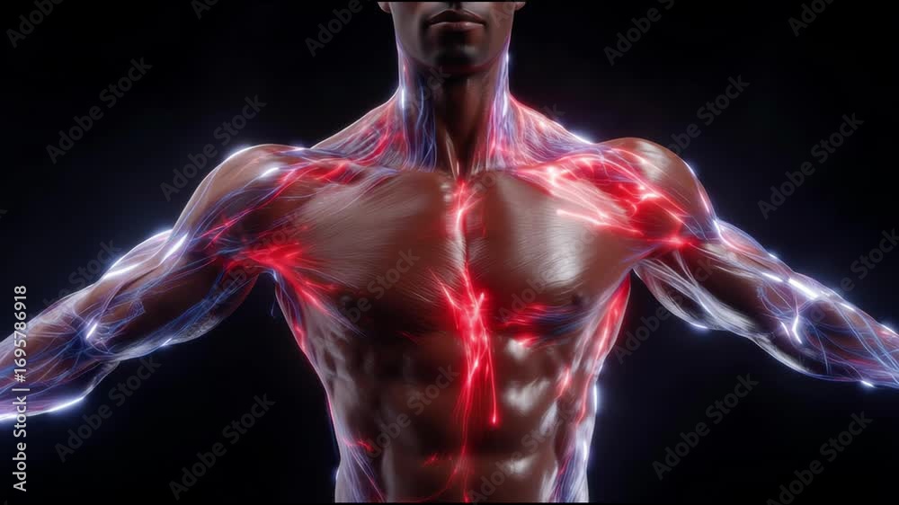 Detailed Hyper-Realistic Male Torso Showcasing Glowing Anatomical Structures Against Dark Background