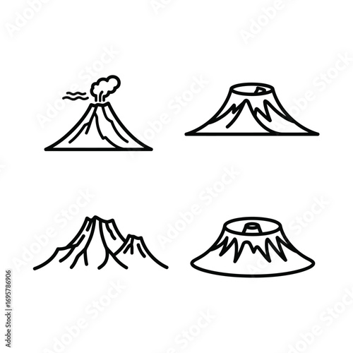Collection of four cartoon-style illustrations of volcanoes, showcasing diverse conical shapes and erupting smoke