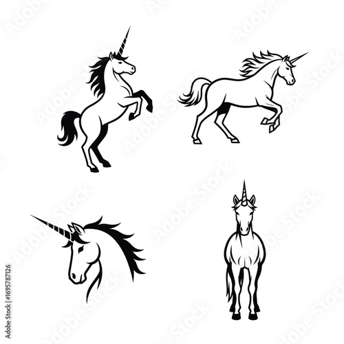 Four Unicorn Illustrations in Black and White