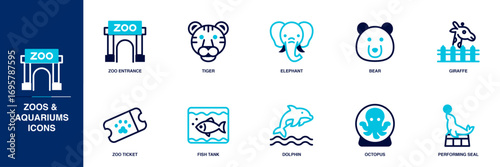 Zoos & Aquariums Blue Colored Outline Icon Set
